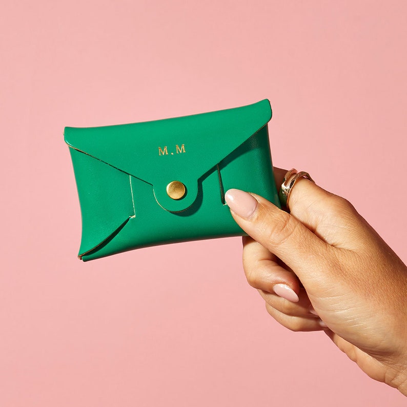 Personalised Leather Coin Purse Women / Bright Green Card Purse / Green Mother's Day Gift for Her / Secret Message Coin Purse Initials imagem 1