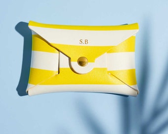 Personalised Leather Coin Purse Women / Yellow White Striped Purse / Secret Message Coin Purse + Gold Foiled Initials / Gift for Her