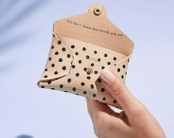 Personalised Leather Coin Purse Women / Spotty Polka Dot Print / Mother's Day Gift for Mum / Secret Message Coin Purse Gold Foiled Initials