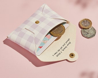 Personalised Leather Coin Purse Women / Gingham Print Purse Pink or Lilac / Gift for Her / Secret Message Coin Purse + Gold Foiled Initials