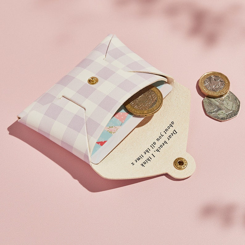 Personalised Leather Coin Purse Women / Gingham Print Purse Pink or Lilac / Gift for Her / Secret Message Coin Purse Gold Foiled Initials image 1