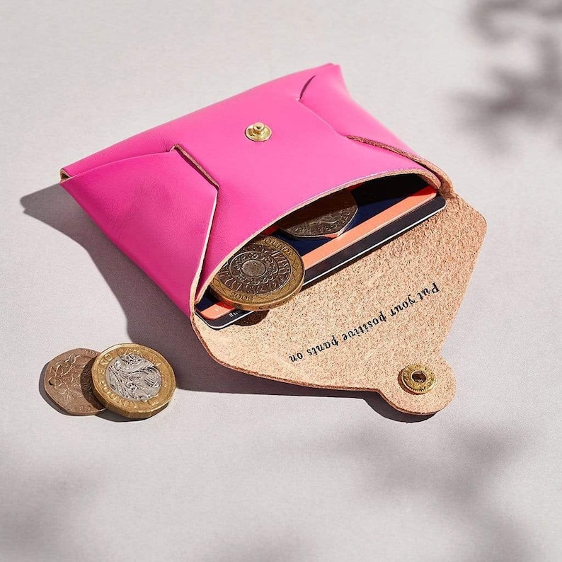 Personalised Leather Coin Purse Women / Fuchsia Pink Card Purse / Hot Pink Valentine's Gift for Her / Secret Message Coin Purse Initials image 2