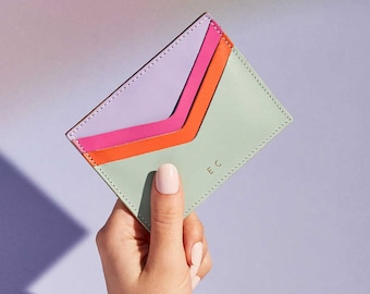 Personalised Leather Card Holder for Women | Handmade Leather Card Case + Initials | Bright Pastel Colours Mint Green, Pink, Lilac, Orange