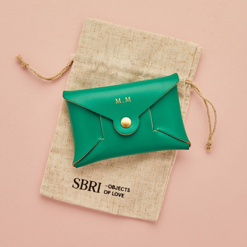 Personalised Leather Coin Purse Women / Bright Green Card Purse / Green Mother's Day Gift for Her / Secret Message Coin Purse Initials image 6