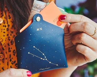 Personalised Leather Coin Purse Women / Zodiac Star Sign Purse / Christmas Birthday Gift for Her / Secret Message Coin Purse + Initials