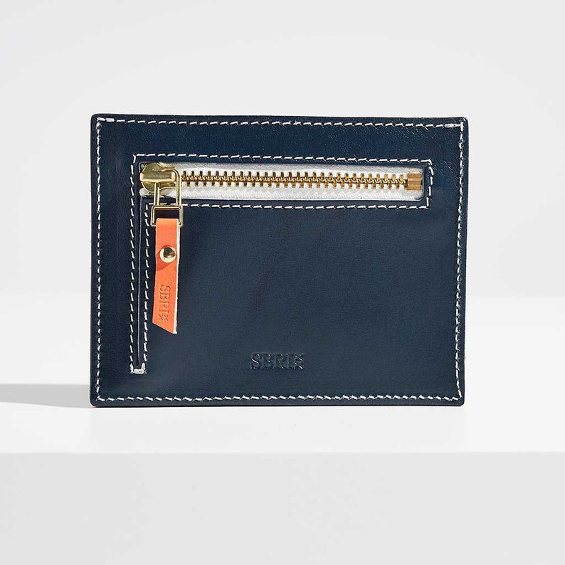 Personalised Leather Card Holder for Women Handmade Leather Card Case Initials Navy Blue Leather with Nautical White and Orange image 3