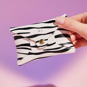 Personalised Leather Coin Purse Women / Zebra Print Purse / Animal Print Gift for Her / Secret Message Coin Purse Gold Foiled Initials image 1