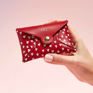 Personalised Leather Coin Purse Women / Red + White Love Heart Print / Mother's Day Gift for Her / Secret Message Coin Purse + Gold Initials