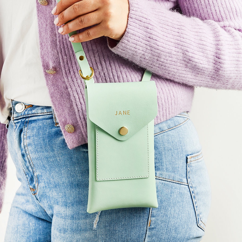 Personalised Leather Phone Pouch Bag | Hands Free Phone Personalised Leather Phone Pouch Bag | Hands Free Phone