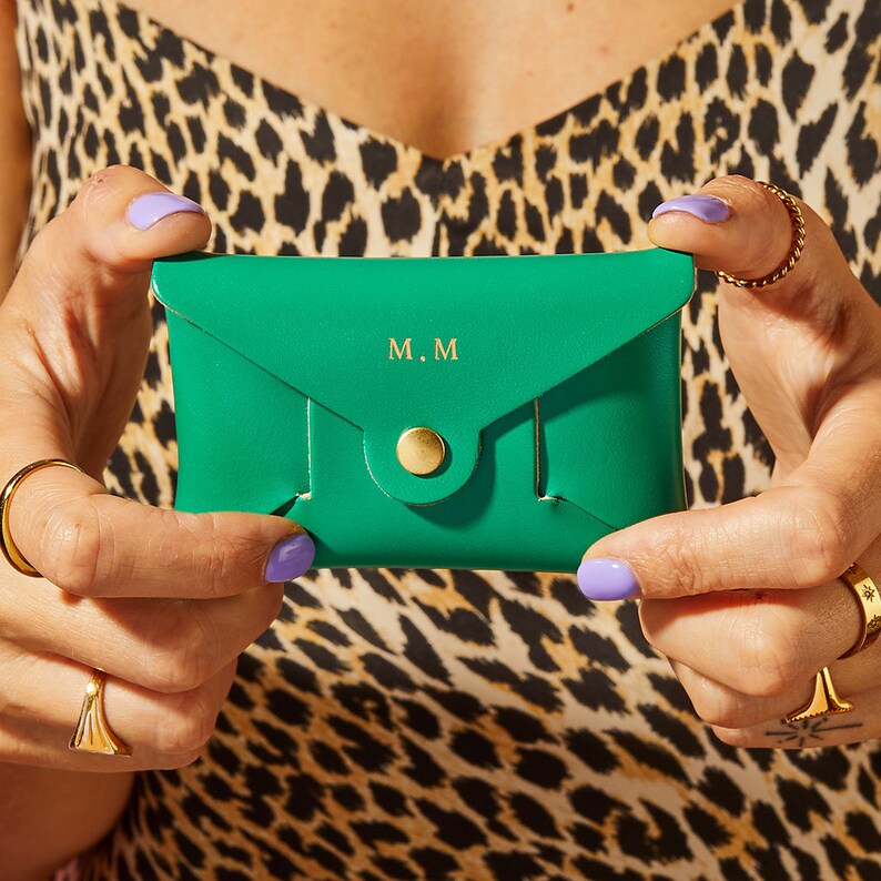 Personalised Leather Coin Purse Women / Bright Green Card Purse / Green Mother's Day Gift for Her / Secret Message Coin Purse Initials image 3