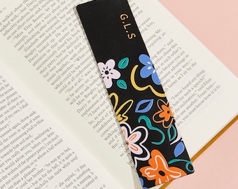 Personalised Leather Bookmark with Playful Floral Print / Mother's Day Gift for Book Lover Mum / Bookish Reading Present for Birthday