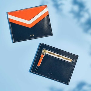 Personalised Leather Card Holder for Women Handmade Leather Card Case Initials Navy Blue Leather with Nautical White and Orange image 4
