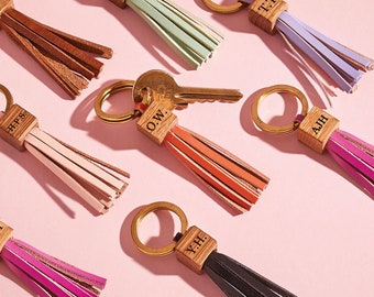 Personalised Leather Tassel Keyring / Keychain / Bag Charm, Engraved Initials / Mint, Pink, Black, Orange, Tan, Leopard / Valentine's Gift