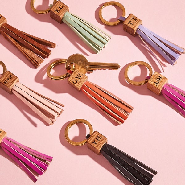 Personalised Leather Tassel Keyring / Keychain / Bag Charm, Engraved Initials / Mint, Pink, Black, Orange, Tan, Leopard / Valentine's Gift