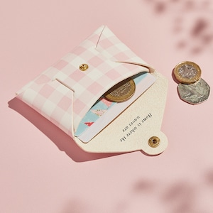 Porte-monnaie en cuir personnalisé pour femme / Porte-monnaie à imprimé vichy rose ou lilas / Cadeau pour elle / Porte-monnaie à message secret Initiales en feuille d'or image 8