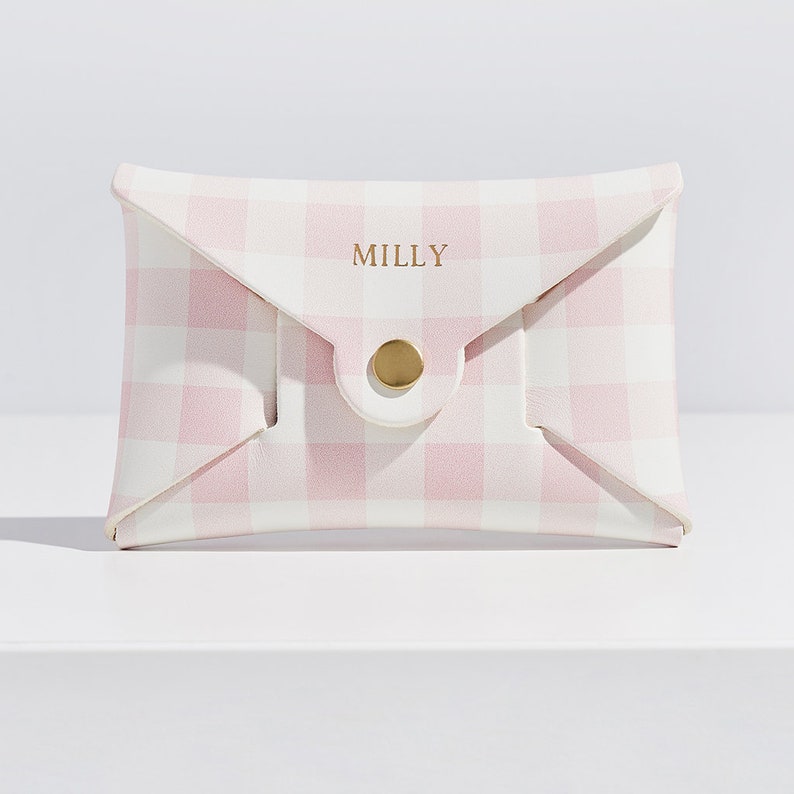 Porte-monnaie en cuir personnalisé pour femme / Porte-monnaie à imprimé vichy rose ou lilas / Cadeau pour elle / Porte-monnaie à message secret Initiales en feuille d'or Pink gingham