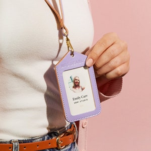 Porta-crachá de identificação personalizado com cordão de couro | Passe de trabalho, porta-cartão de identificação com foto para professores, enfermeiras, escritório | Cordão de couro colorido
