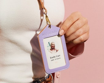 Personalised ID Badge Holder with Leather Lanyard | Work Pass, Photo ID Card Holder for Teachers, Nurses, Office | Colourful Leather Lanyard