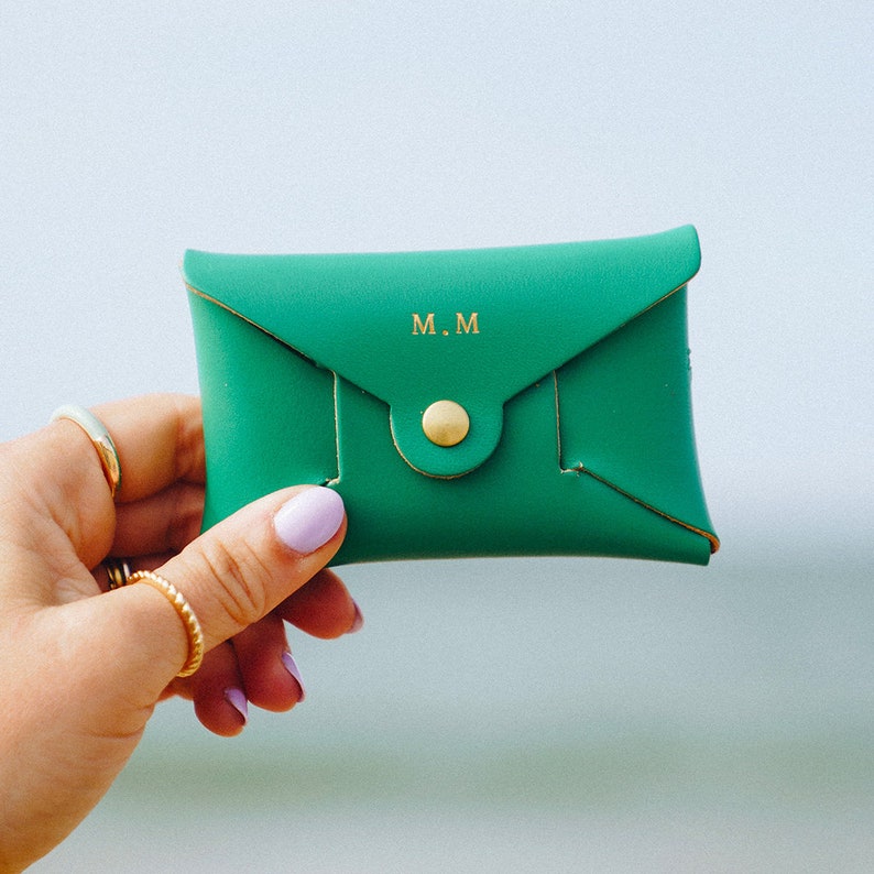 Personalised Leather Coin Purse Women / Bright Green Card Purse / Green Mother's Day Gift for Her / Secret Message Coin Purse Initials imagem 4