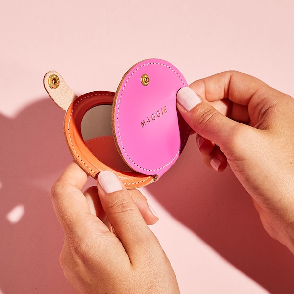 Personalized Leather Compact Travel Pocket Mirror *US TARIFFS COVERED*