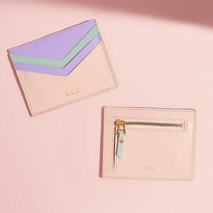 Personalised Leather Card Holder for Women Mother's Day Gift Handmade Case Initials Pastel Blush Pink, Mint Green, Lilac Leather image 4