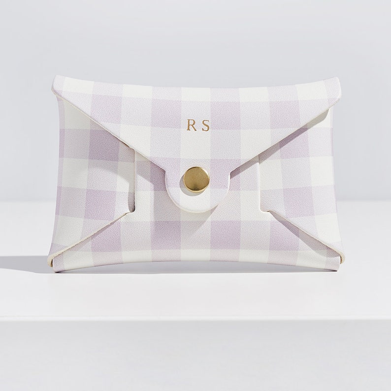 Personalised Leather Coin Purse Women / Gingham Print Purse Pink or Lilac / Gift for Her / Secret Message Coin Purse Gold Foiled Initials Lilac gingham