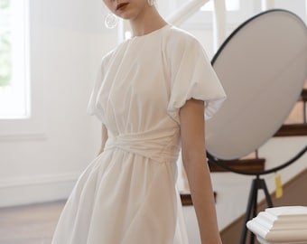 Short Sleeves Linen Dress in Midi Length / Puff Sleeves Summer Linen Dress w Front Twisted Detail / Asymmetrical Women Dress