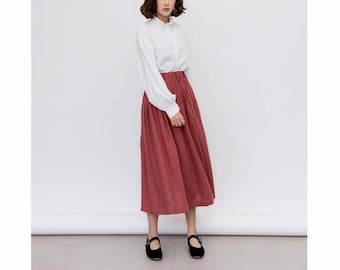 Linen A-line Skirt with Elastic Waistband / Linen Skirt in Red / Available in 50 Colors