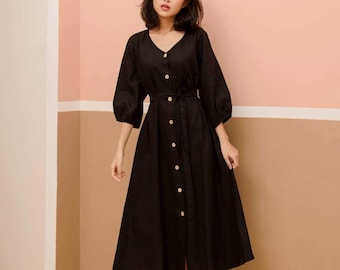 Loose V-neck Linen Dress / Elegant Long Sleeves Midi Dress / Maxi Linen Dress with Front Buttons / Available in 50 Colors