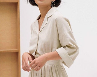 Long Sleeves Linen Blouse in Ivory / Available in 50 Colors / Linen Set