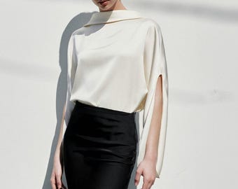 Slit Sleeves Silk Blouse  - Women Long Split Sleeves Blouse - Cowl Back Women Shirt - Drop Back Silk Top - Wedding Guest Blouse