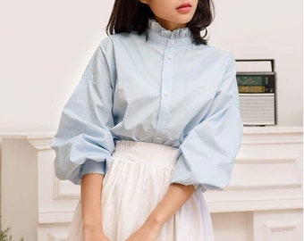 Bishop Sleeve Loose Poplin Blouse in Light Blue / Baby Blue / Available in 50 Colors