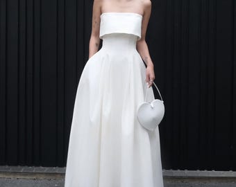 Strapless Overlay Bodice Midi Dress, Classic Wedding Guest Dress, Off Shoulder Dress, Minimalist Wedding Dress, Event Silk A Line Dress