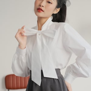 Damesblouse met lange mouwen - lint damesblouse - dameshemd met vlinderstrik - coltrui afbeelding 5