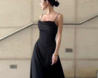 Fit and flare silk strap dress , Long strap dress for woman, Ankle length sleeveless silk dress, Long summer dress woman, Tight Waist Dress