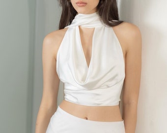 Top corto con cuello drapeado / Top con lazo en el cuello / Top corto de seda / Blusa de seda con espalda descubierta