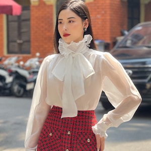 Camicetta vintage in organza con maniche lunghe - Camicetta con ampio collo annodato da donna - Camicetta trasparente