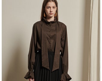 Frill High Neck Linen Blouse - Brown Linen Top with Long Bishop Sleeves