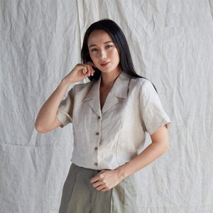 Short Sleeves Linen Blouse - Loose Linen Shirt with Notched Collar - Linen Set