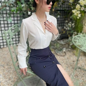 Long Bishop Sleeves Silk Blouse with Collared and Button Up - Loose Office Silk Shirt - Available in 50 Colors
