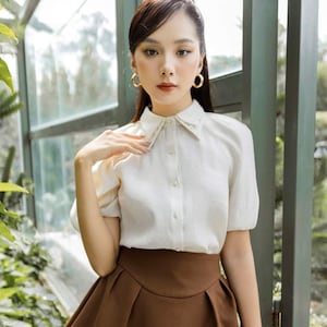 Button Up Silk Blouse with Puff Sleeves And Collared