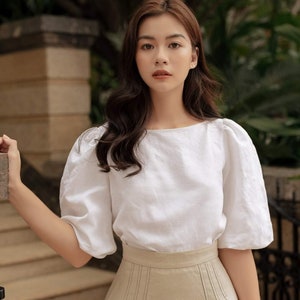 Loose Linen Top with Long Bishop Sleeves / Boat Neckline Linen Blouse / Available in 50 Colors