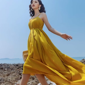 Tie Waist Pleated Midi/Maxi Silk Dress with Square Neck and Sleeveless