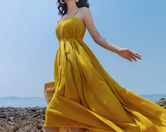 Tie Waist Pleated Midi/Maxi Silk Dress with Square Neck and Sleeveless