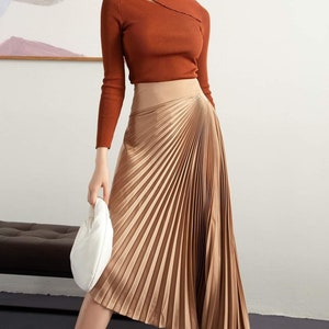 Asymmetrical Midi Silk Skirt with Pleated