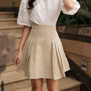 Pleated Linen Mini Skirt - A line Linen Skirt