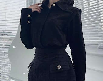 Big Pointed Collar Cotton Shirt for Women Button-Up Blouse with Bishop Sleeves in a Relaxed Fit - Unique Office Top for Woman