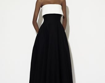 Black and White Strapless Midi Dress, Colorblock Cocktail Dress with Pockets, Elegant Straight Neckline Prom Dress, Minimalist Evening Gown