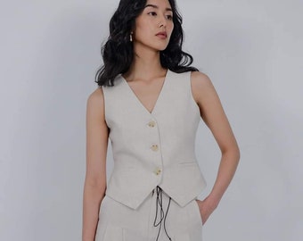 Linen Waistcoat - Women Linen Vest - Sleeveless Linen Top