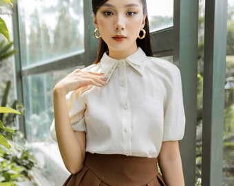 Button Up Silk Blouse with Puff Sleeves And Collared